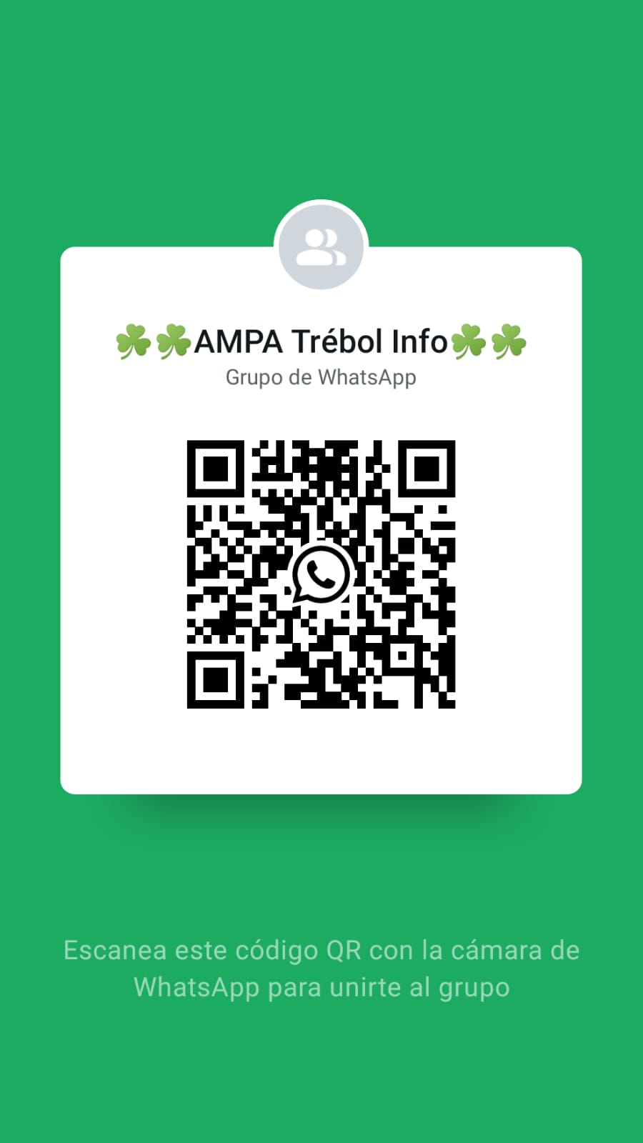 Código QR para unirse al grupo de difusión de WhatsApp de la AMPA Trébol de Juan XXIII Chana